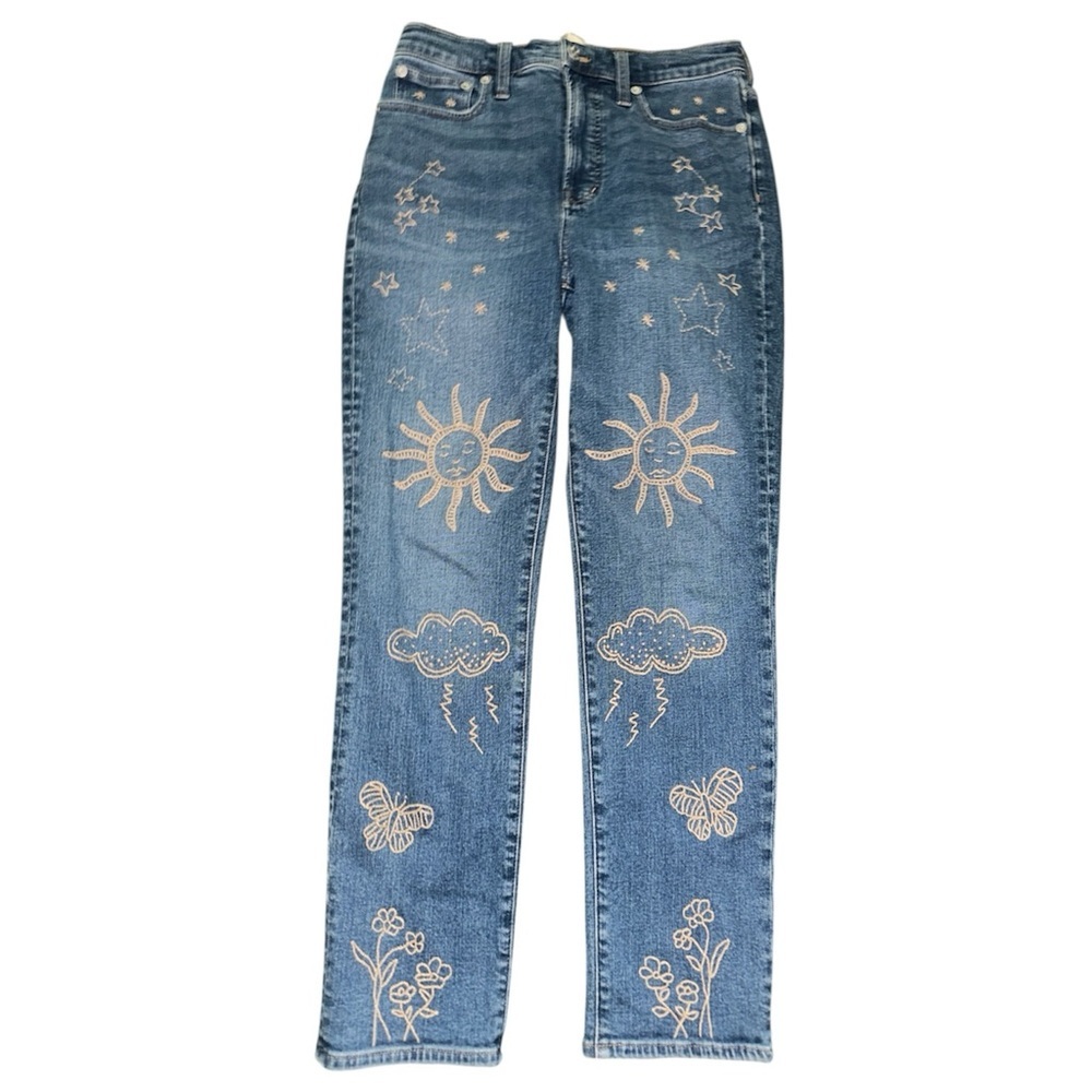 Madewell Blue Straight Leg Jeans with Embroidered Sun & Cloud Motifs